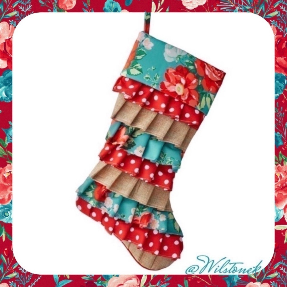 Rare- The Pioneer Woman Vintage Floral 20 inch Woven Ruffle Christmas Stocking